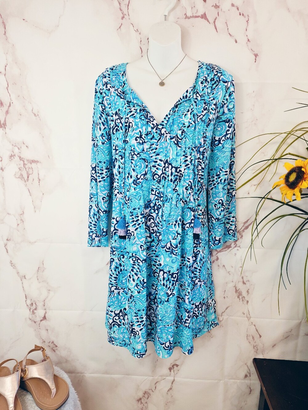 Lilly Pulitzer Marilina Tunic Dress Raising Shell Large Pintuck Tassel Blue - Picture 3 of 6